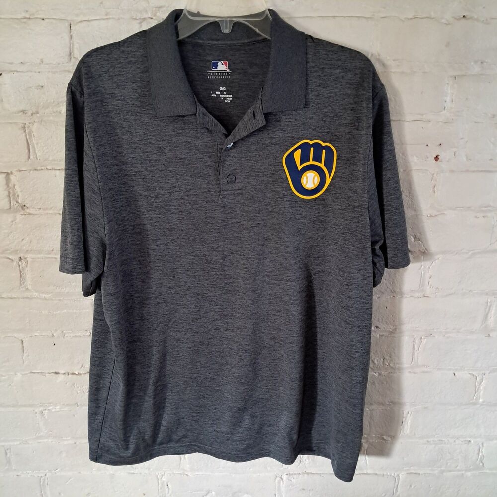 MLB Milwaukee Brewers Charcoal Grey Polo Shirt Wicking Mens Sz L Short Sleeve